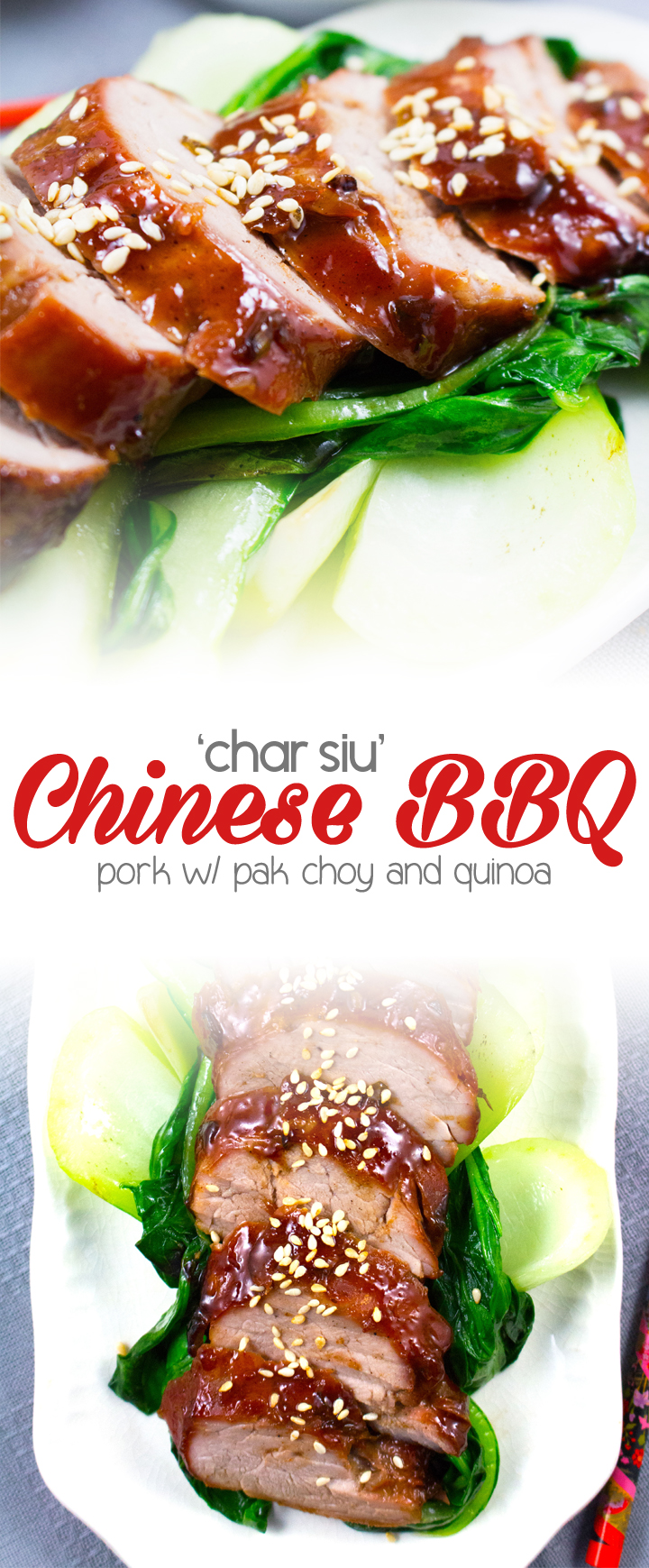 Char Siu Pork - Thick, red, caramelized glaze coating tender & moist pork. Served with Pak Choy and fluffy Quinoa, YUM!!