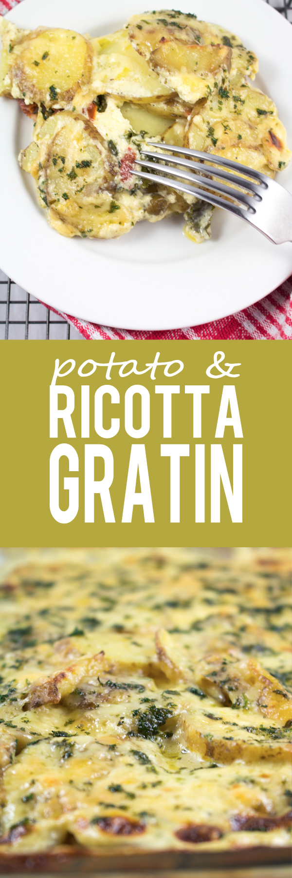 Potato and Ricotta Gratin - Thinly sliced potatoes scattered in layers and drenched in a creamy sauce! Potato and cheesy goodness, a great dinner and vegetarian too!!