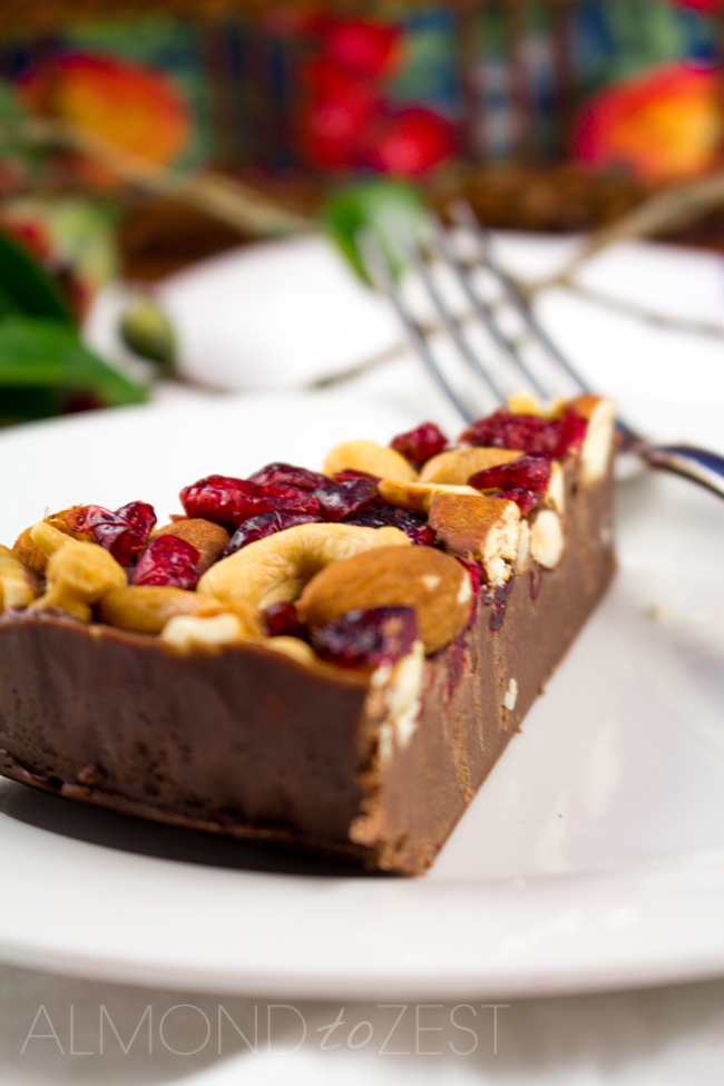 Chocolate, Cranberry, Almond and Cashew No-Bake Slice - A smooth, rich chocolate velvety base that melts in your mouth! This stress free no-bake slice is gluten-free too!!