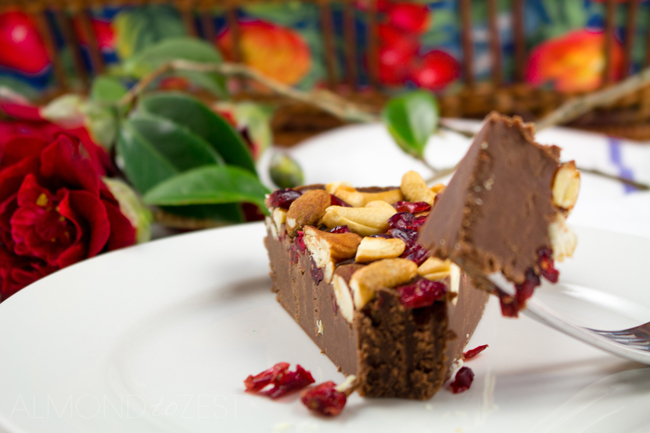 Chocolate, Cranberry, Almond and Cashew No-Bake Slice - A smooth, rich chocolate velvety base that melts in your mouth! This stress free no-bake slice is gluten-free too!!