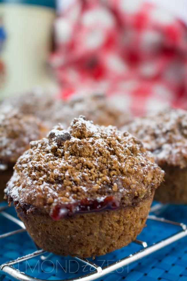 Whole-Wheat Jam Doughnut Muffins - A perfect way to start your morning these healthy layered muffins are bursting with flavor! Vegetarian too!!