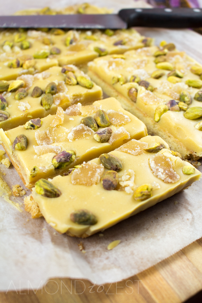 Ginger and Pistachio Slice - Full of crunch and spice with a rich silky frosting that melts in your mouth! This is sure to be a favorite!!