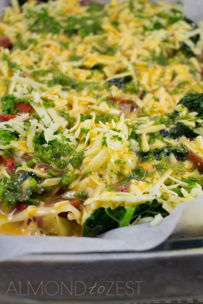 Chorizo, Kale, Potato and Red Bell Pepper Frittata - Sweet red bell peppers, kale and spicy chorizo. Healthy, super easy to put together and gluten-free!!