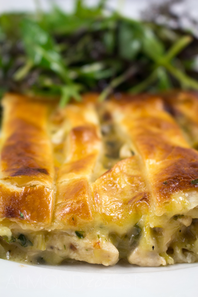 Chicken, Leek and Brie Pie - Comfort food never tasted so good with leeks cooked to a sweet caramelized state, mixed with chunks of juicy chicken pieces!
