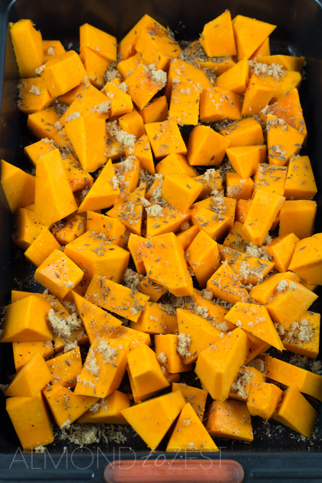 Roast Pumpkin Chunks - A quick and easy roast pumpkin recipe that can be used in countless recipes! Nutty and peppery flavors of the cumin seeds penetrate the flesh of the pumpkin to give it a more complex flavor!!