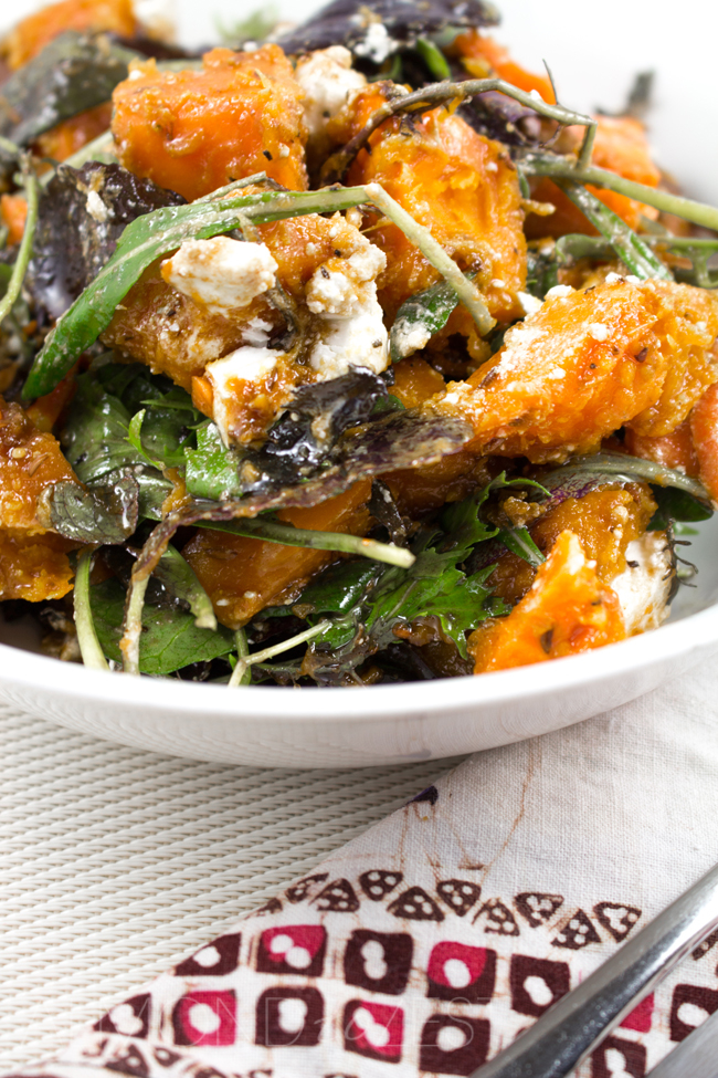 Crunchy Pumpkin Salad - Vibrant cumin roasted pumpkin chunks, crumbles of creamy feta, carrot, mixed lettuce leaves and a sweet balsamic dressing! Healthy and AMAZING!!