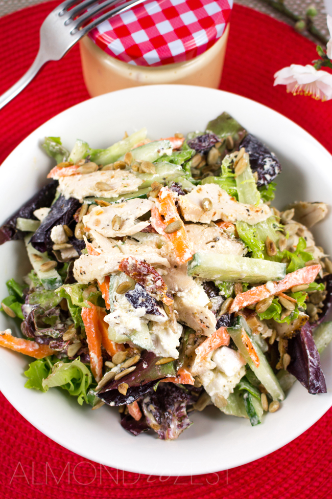 Herb Roasted Chicken Salad - Super healthy, easy and packed with protein! Roast chicken breast, mixed salad, chunks of creamy feta, sunflower seeds and sundried tomatoes!!
