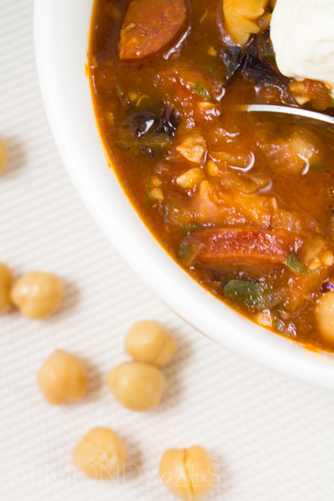 Chick pea, Chorizo and Kale Stoup - A super easy, no-fuss, quick to make and healthy soup! Super cute little chickpeas, slices of spicy chorizo and roughly torn pieces of purple kale, hearty and delicious!!