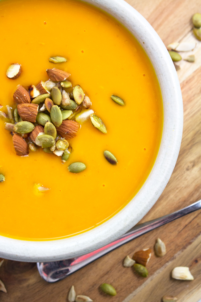 Vegan Butternut Squash Soup w/ Toasted Nuts and Seeds