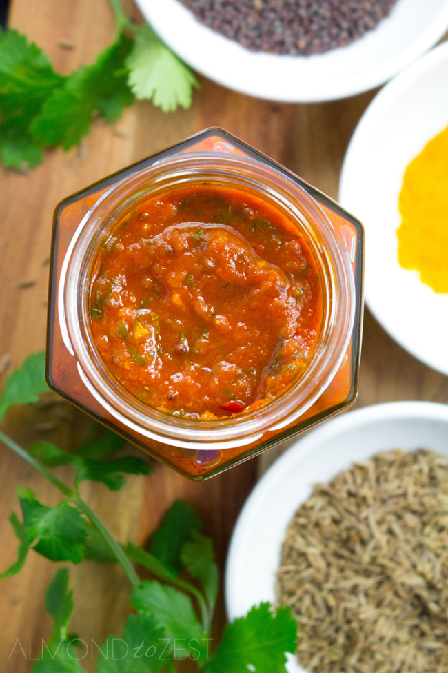 Tomato and Cilantro Chutney - You'll never buy store bought again after trying this easy and simple recipe! Packed full of spices and cilantro, you are going to want to eat this chutney with absolutely everything!
