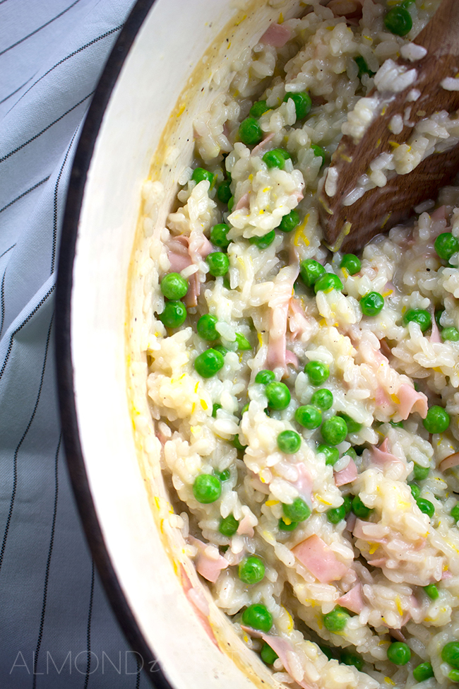 Zesty Pea, Ham and Parmesan Dutch Oven Risotto