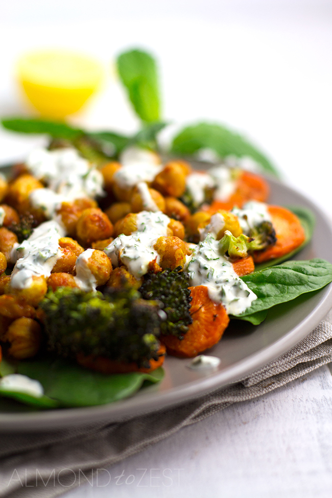 Roasted Broccoli, Carrot and Spicy Chickpea Salad